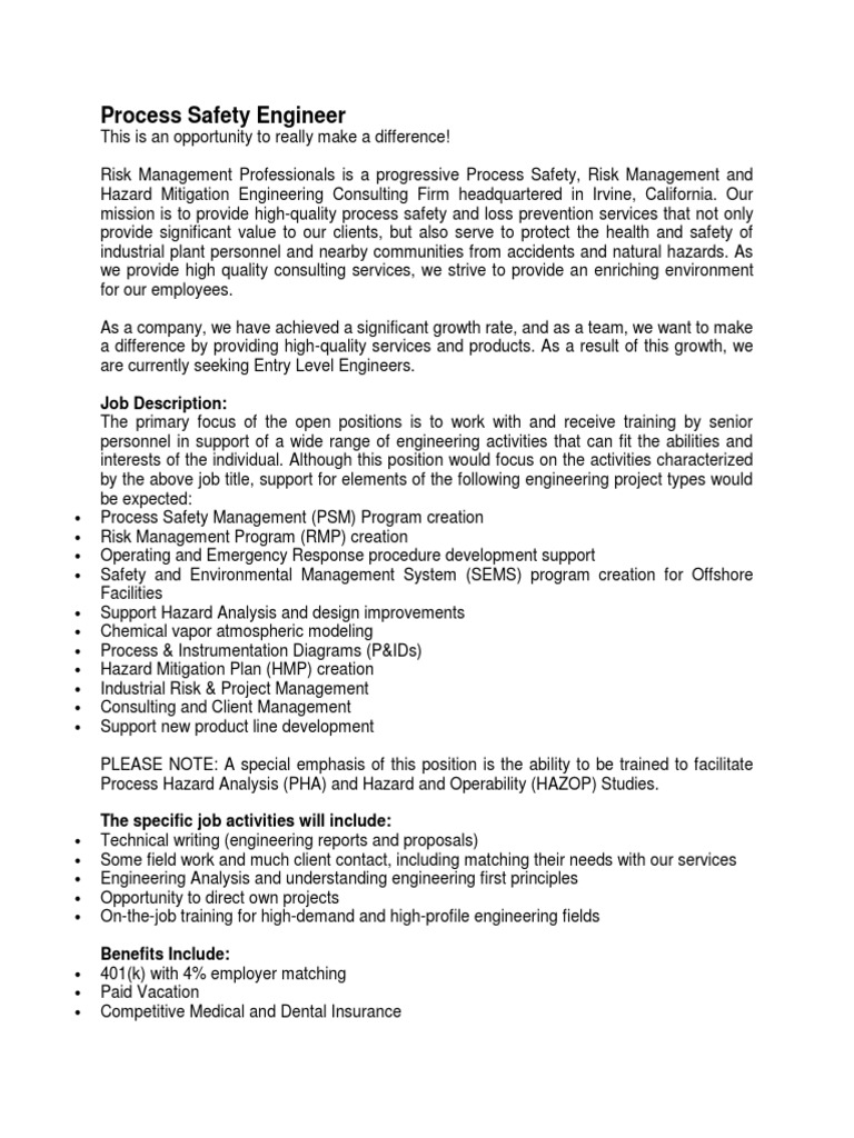 Process Safety Engineer PDF Risk Management Hazards