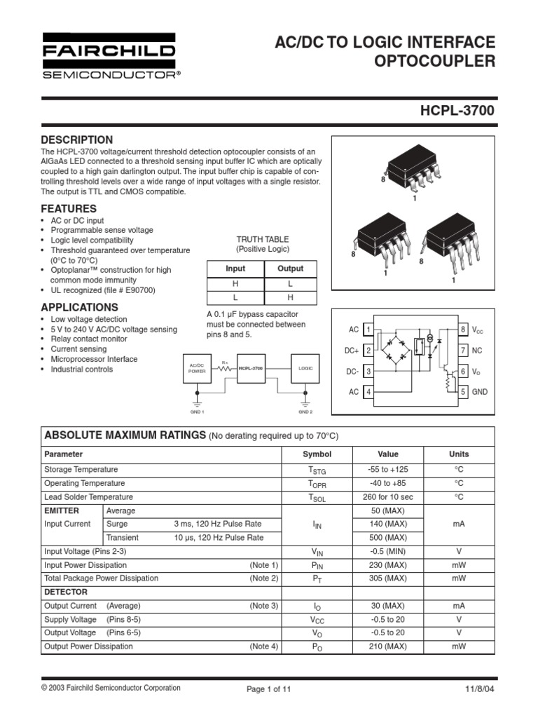 Ac/Dc To Logic Interface Optocoupler HCPL3700 PDF Electrical