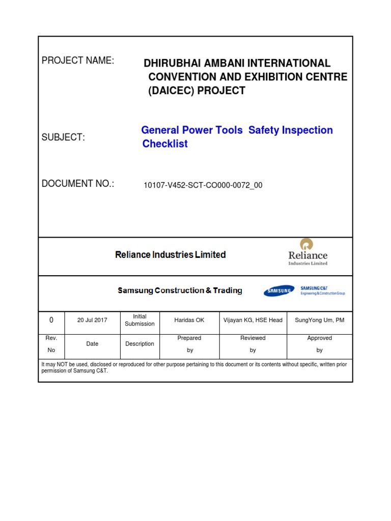 General Power Tools Safety Inspection Checklist PDF Tools Equipment