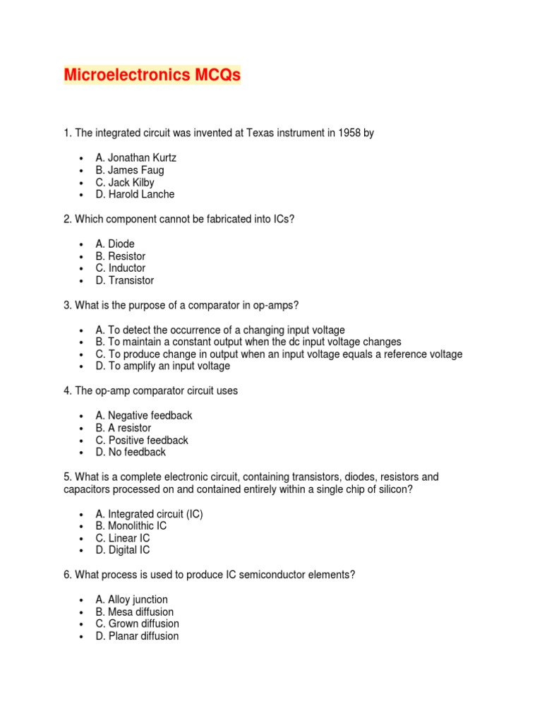 Microelectronics MCQsQuestions PDF Operational Amplifier Amplifier