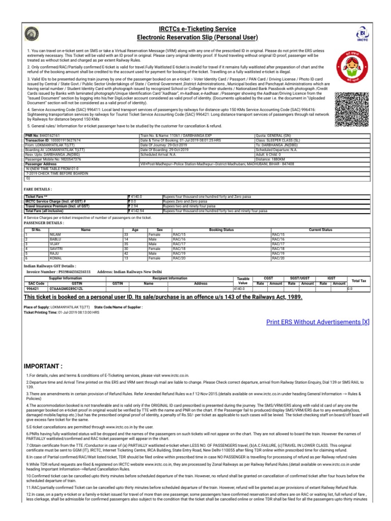 IRCTC e-Ticketing Guidelines and Rules | PDF | Identity Document ...