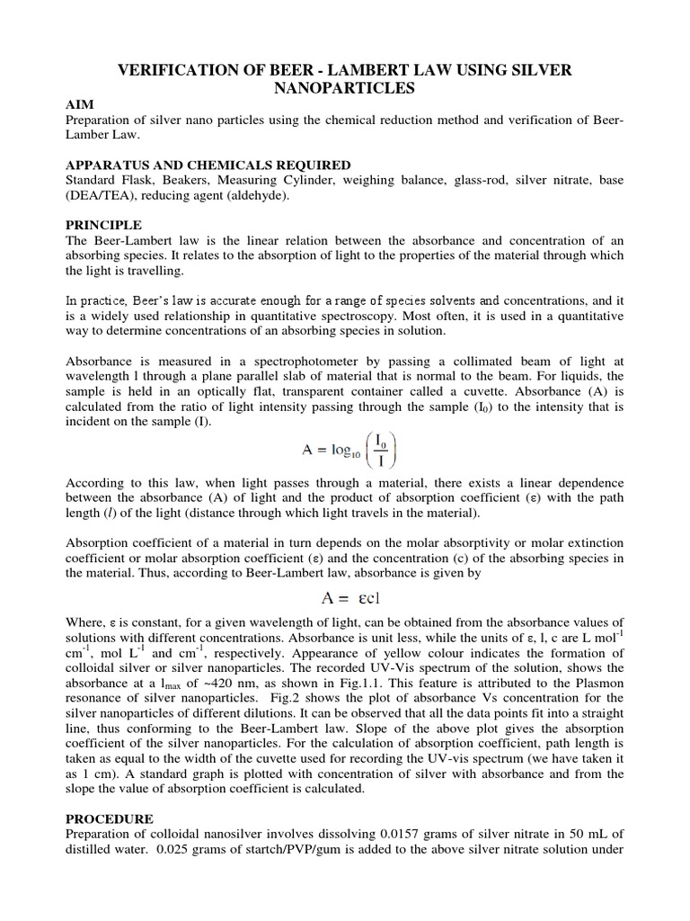 Verification of BeerLambert's Law PDF Absorbance Spectroscopy