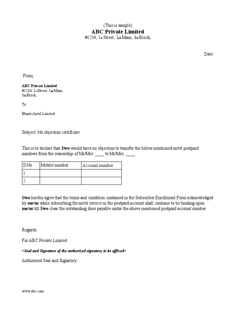 Airtel NOC Letter for Ownership Transfer | PDF
