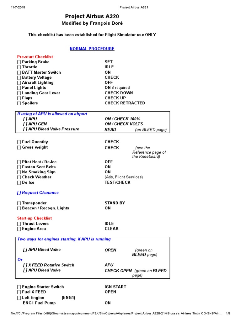 Flight Sim A320 Checklist | PDF | Takeoff | Aviation
