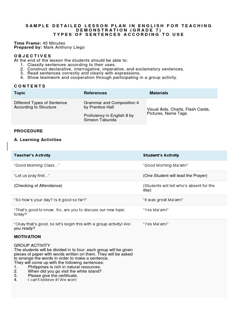 Detailed Lesson Plan: Types of Sentences | PDF | Question | Sentence ...