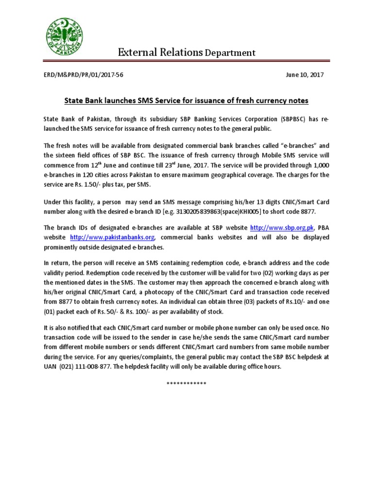 State Bank SMS Service for Fresh Notes | PDF | Business | Finance ...