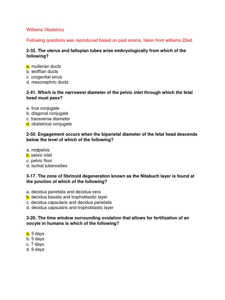 Williams Obstetrics MCQs and Answers PDF Childbirth Caesarean Section