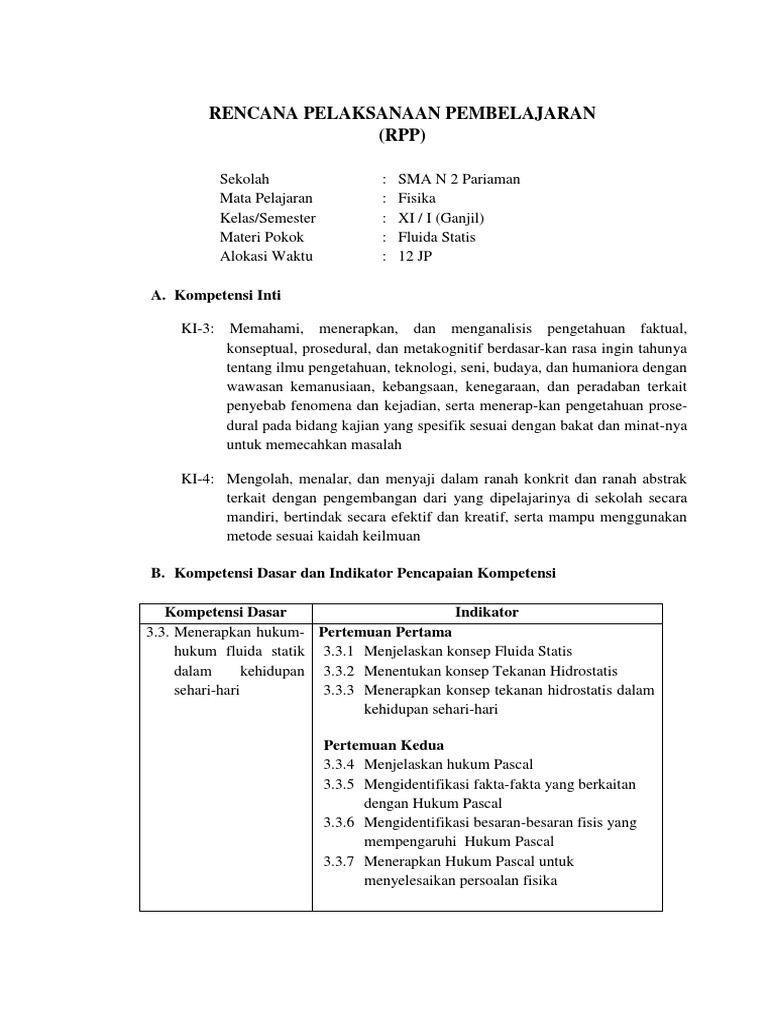 RPP Pembelajaran Fluida Statis Fisika | PDF | Filsafat | Sains & Matematika