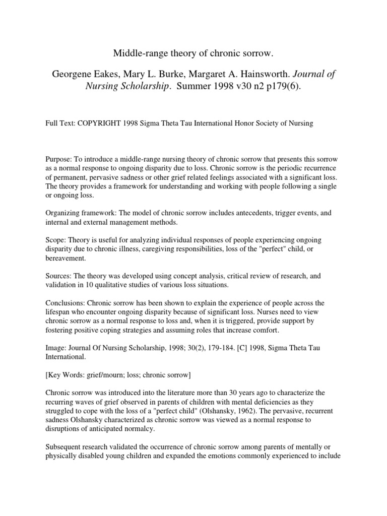 Middle range theory of chronic sorrow pdf pdf grief coping