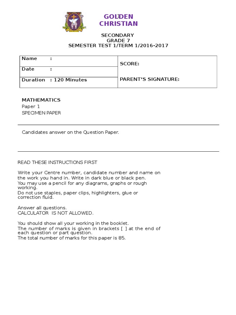 Grade 7 Mathematics Test Instructions | PDF | Teaching Mathematics