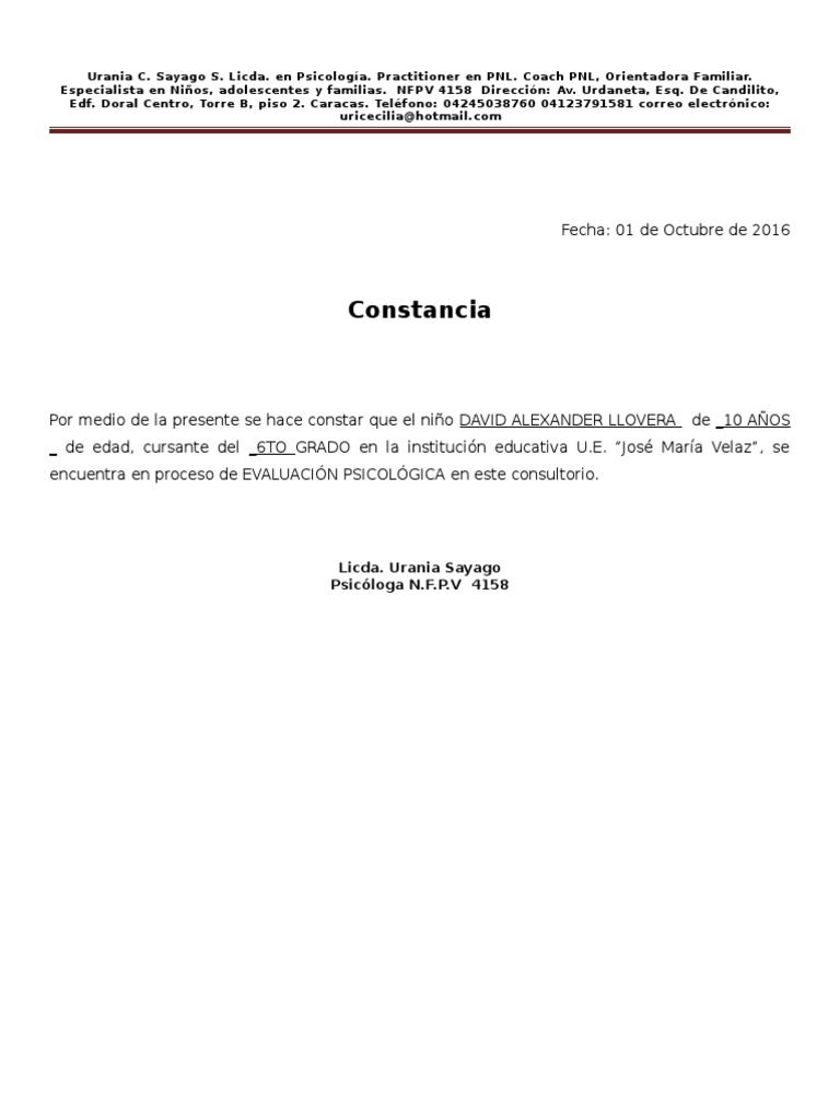 Modelo Constancia de Asistencia A Consulta Psicológica