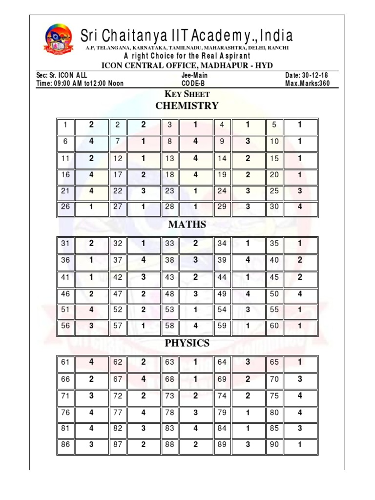 JEE Main Answer Key - Sri Chaitanya | PDF | Hydrogen | Angle