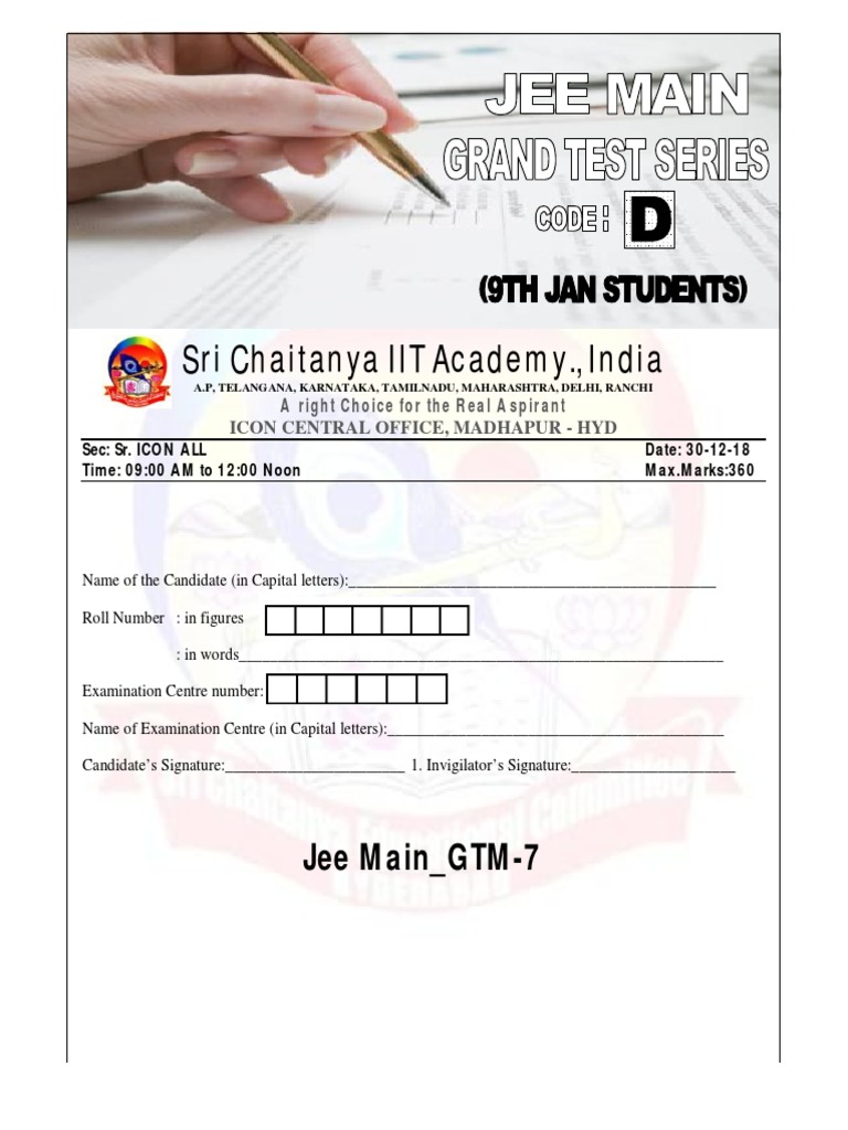 JEE Main Test Booklet - Sri Chaitanya | PDF | Ellipse | Chemistry