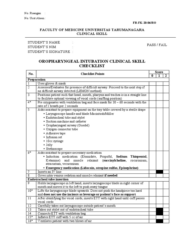 Endotracheal Intubation Checklist | PDF | Medical Treatments | Medicine