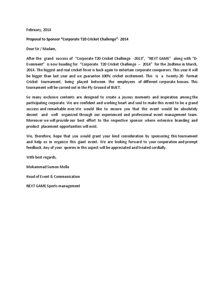 Sponsorship request letter for cricket match Sponsor