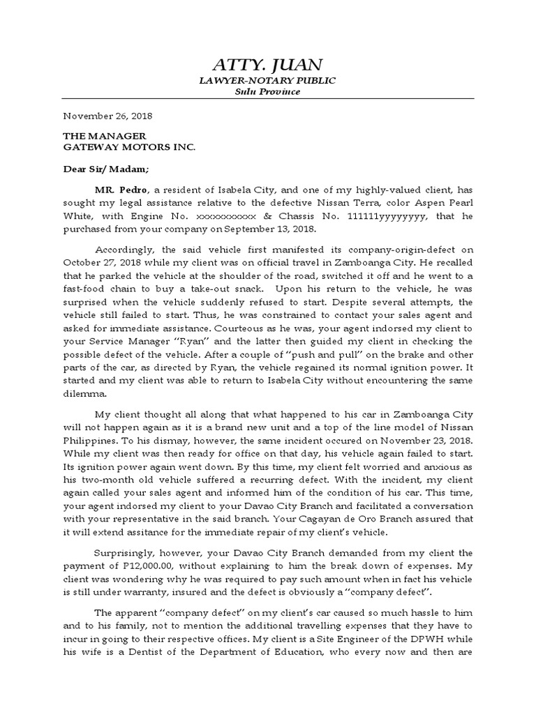 SAMPLE Demand Letter for Car Dealer 2 Vehicles Car