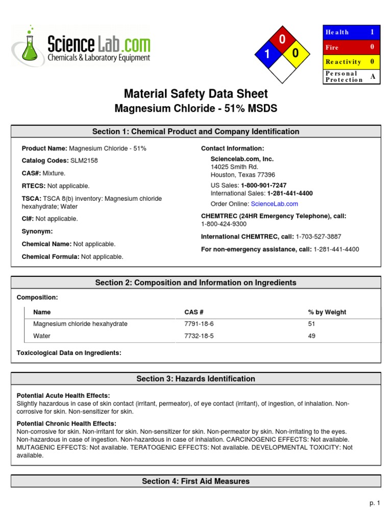 Magnesium Chloride - 51% MSDS: Section 1: Chemical Product and 