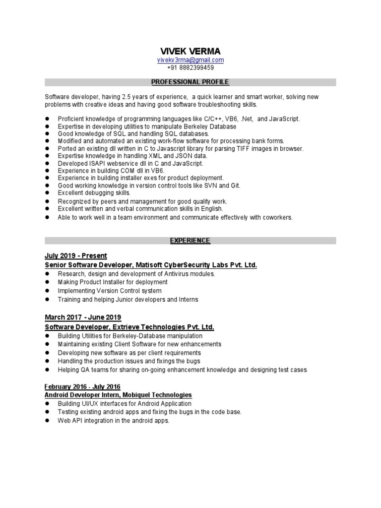 Software Developer Resume of Vivek Verma | PDF | Web Service | Json