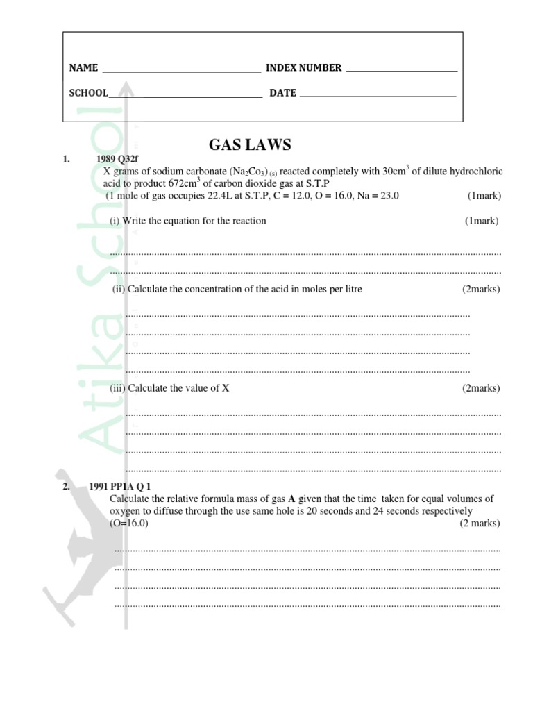 Gas Laws Questions and Answers Form 3 | PDF | Gases | Mole (Unit)