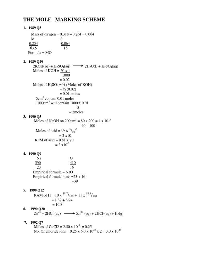 The Mole Marking Scheme PDF Nitric Acid Mole (Unit)