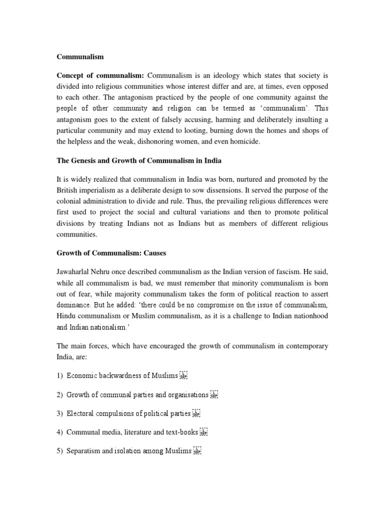 Communalism Concept Of Communalism Communalism Is An Ideology Which