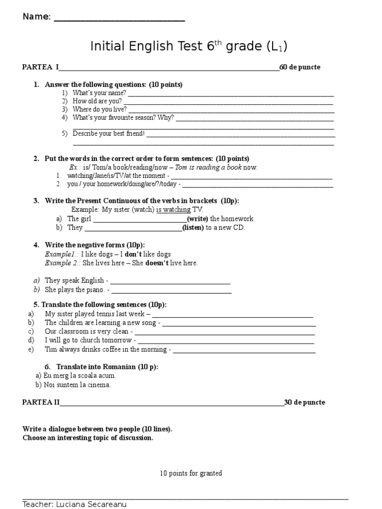 Initial English Test for 6th Grade | PDF | Linguistics | Grammar
