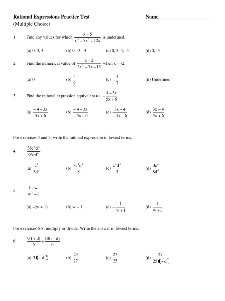Rational Expressions Practice Test | PDF | Rational Number ...