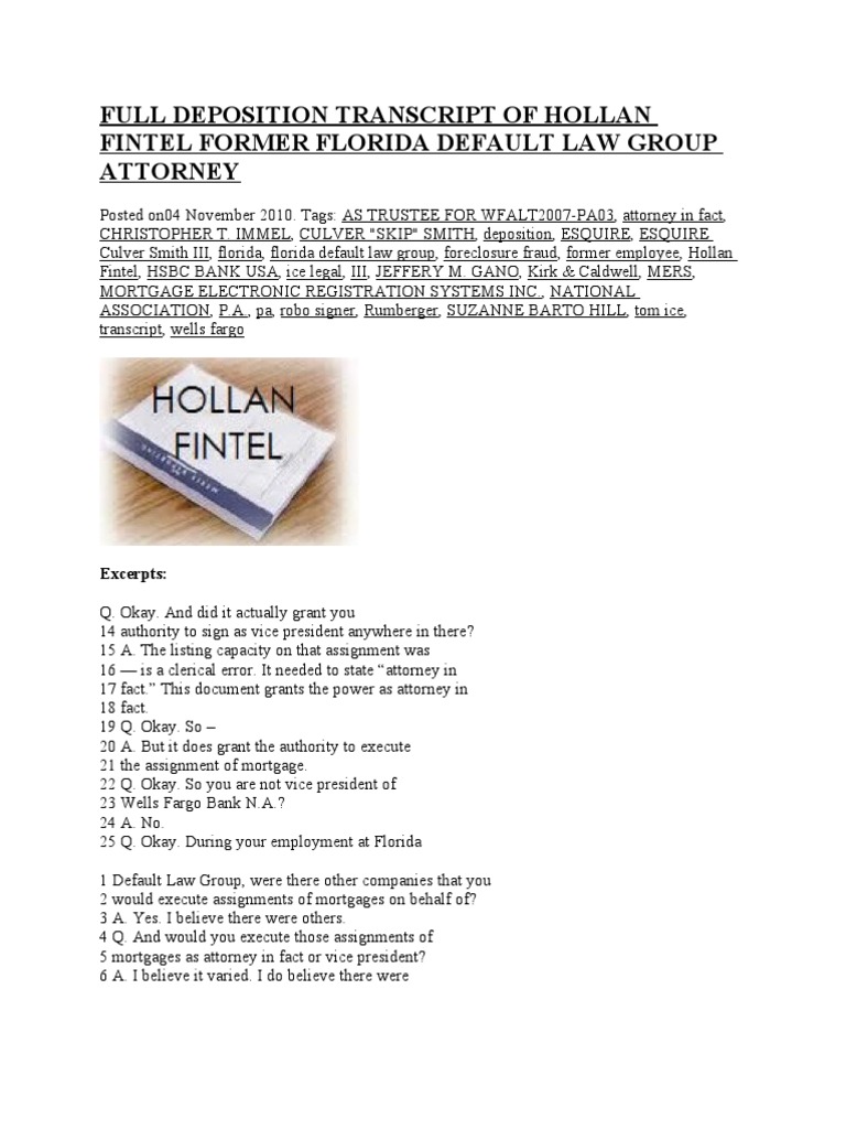 Deposition Transcript of Hollan Fintel | PDF | Promissory Note | Power ...