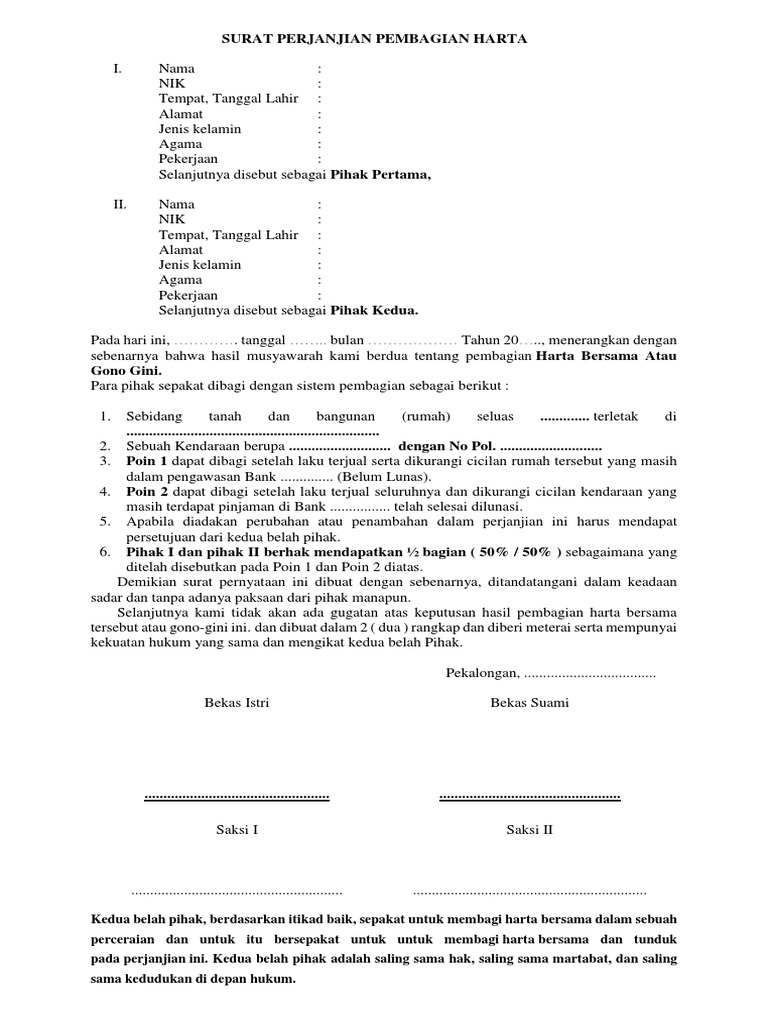 Surat Perjanjian Pembagian Harta Gono Gini