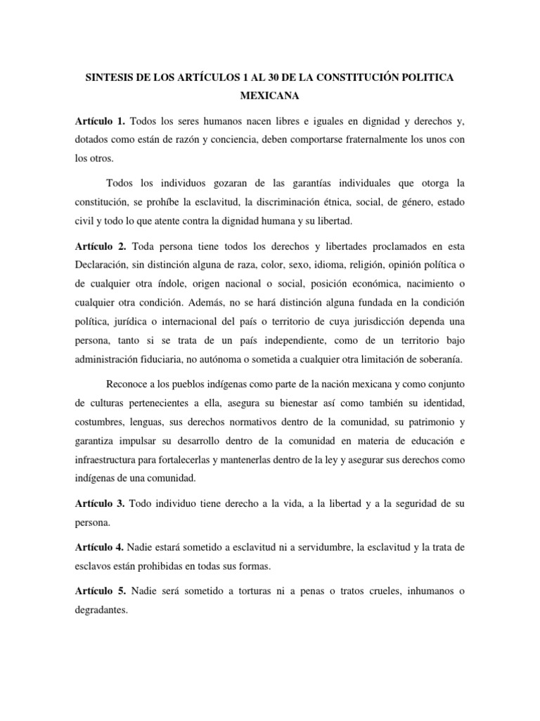 Sintesis de Los Artículos 1 Al 30 de La Constitución Politica Mexicana Derechos humanos