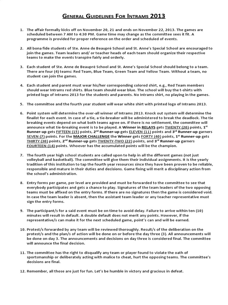 General Guidelines For Intrams 2013 | PDF | Sports | Leisure