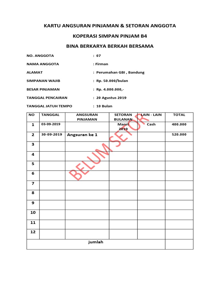 Kartu Angsuran Pinjaman Belum Setor