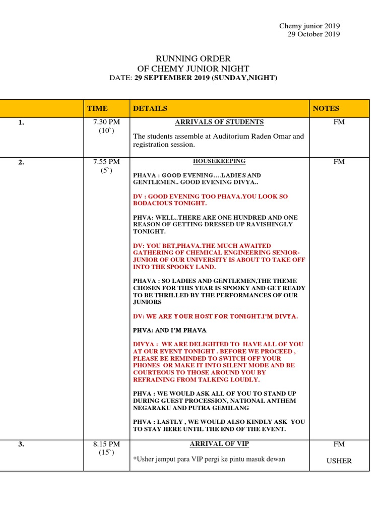 Example of Event Running Order With Emcee Script PDF Leisure Sports