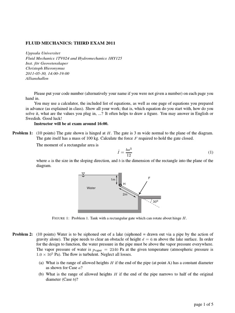 Fluid Mechanics Third Exam 2011 Pressure Fluid Mechanics