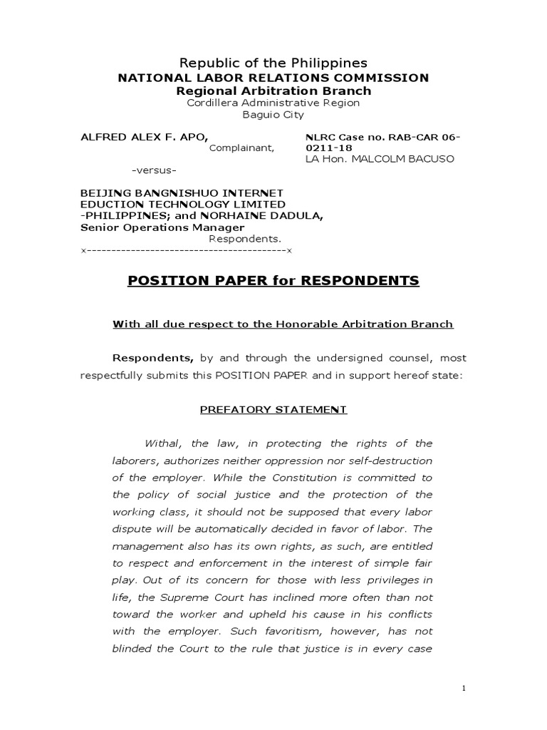 NLRC Case: Position Paper on Labor Dispute | PDF | Employment | Government