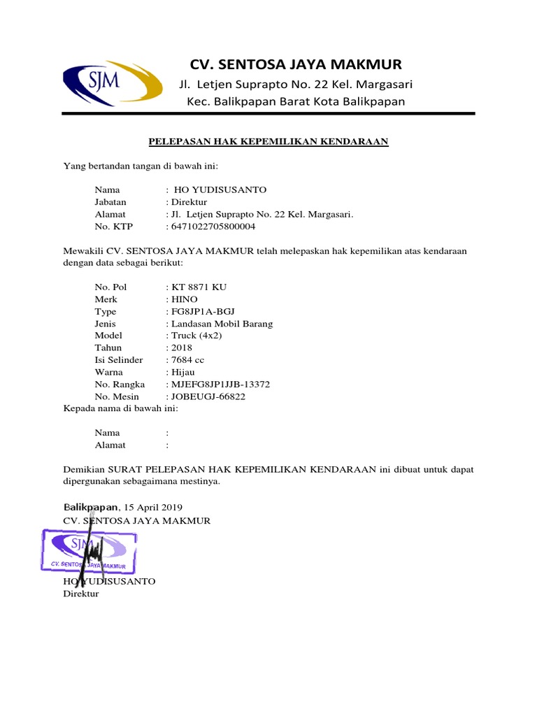 Pelepasan Hak Mobil Kendaraan Pdf