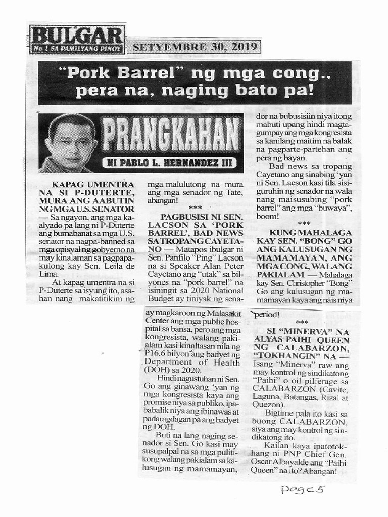 Bulgar, Sept. 30, 2019, Pork Barrel NG Mga Cong. Pera Na, Naging Bato