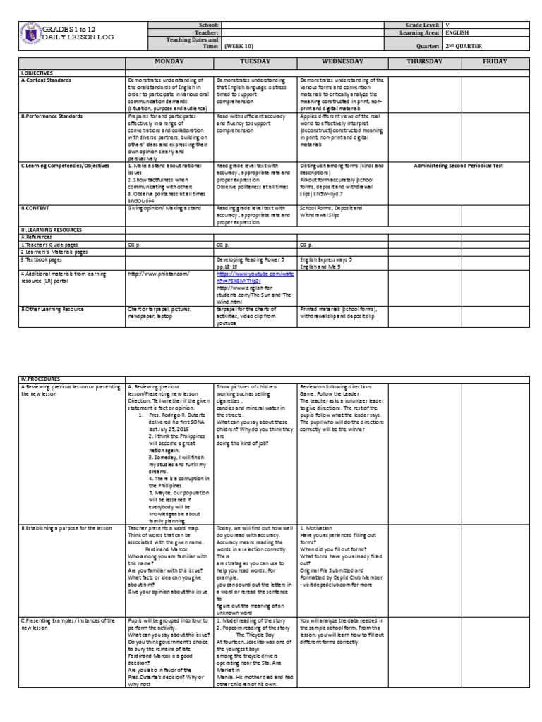 English Lesson Plan for Grades 5-12 | PDF | Reading Comprehension ...