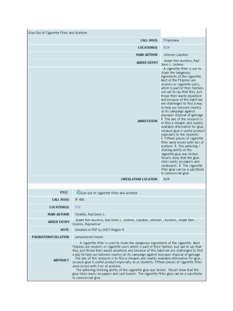 Glue Out of Cigarette Filter and Acetone PDF Cigarette Adhesive