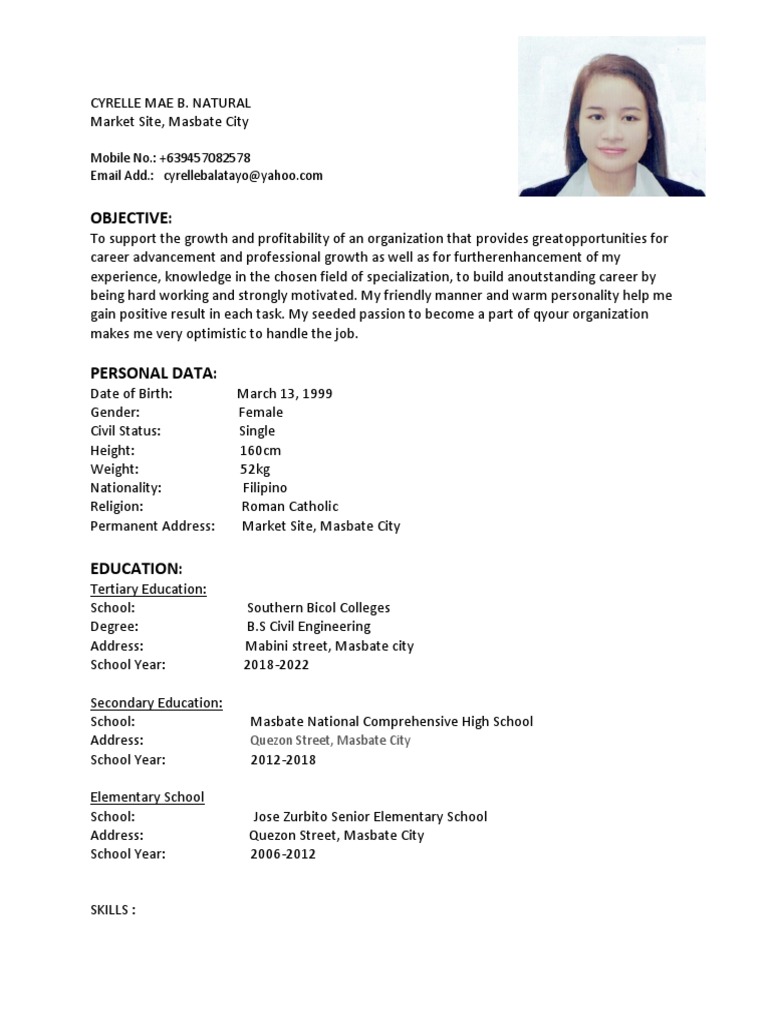 Civil Engineering Resume of Cyrelle Mae Natural | PDF | Wellness