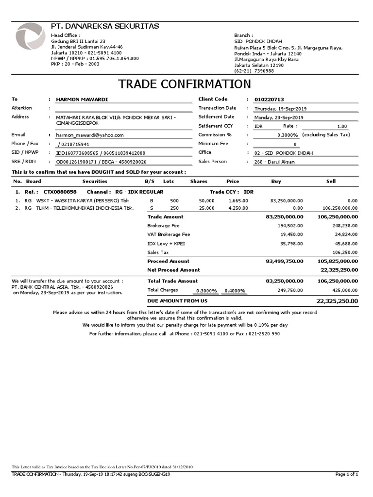 Trade Confirmation for Securities Transaction | PDF | Government ...