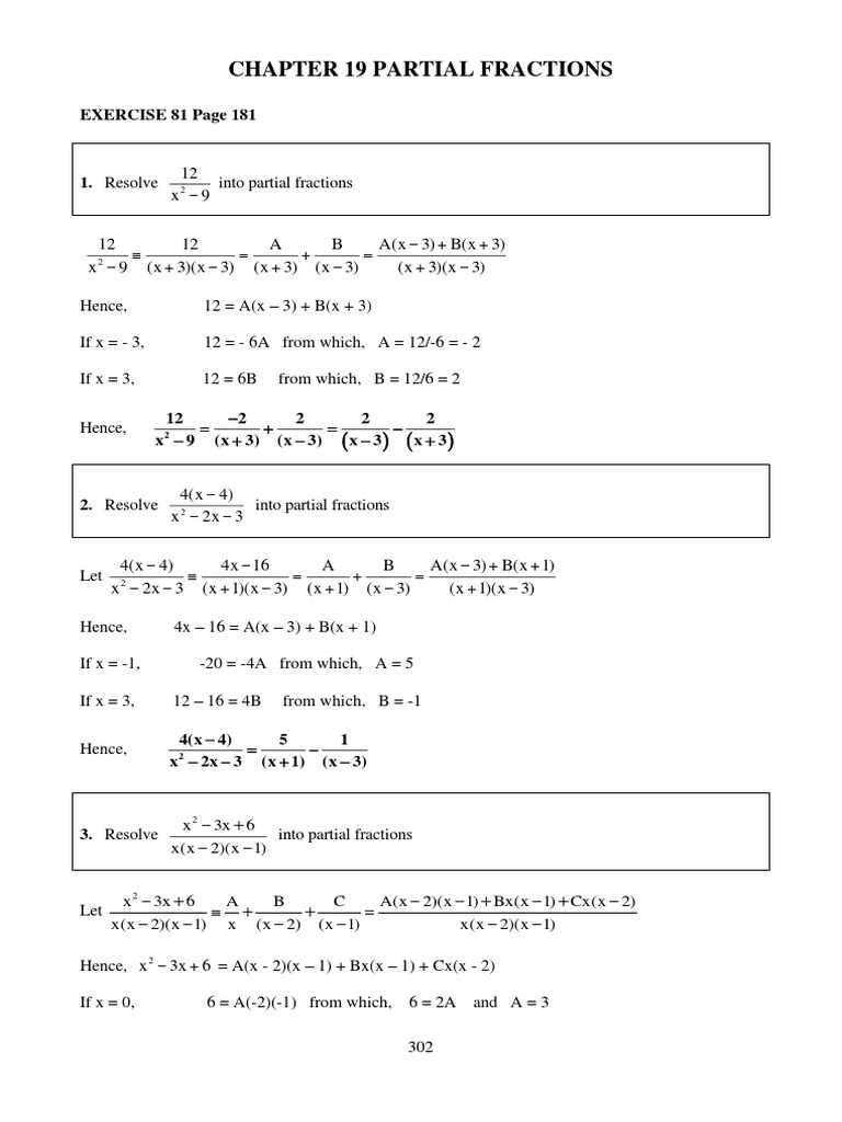 Partial Fractions Exercises | PDF | Algebra | Calculus
