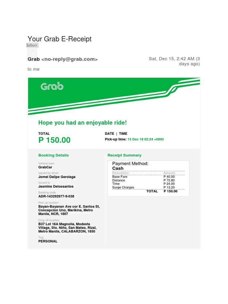 Your Grab EReceipt Hope You Had An Enjoyable Ride! PDF
