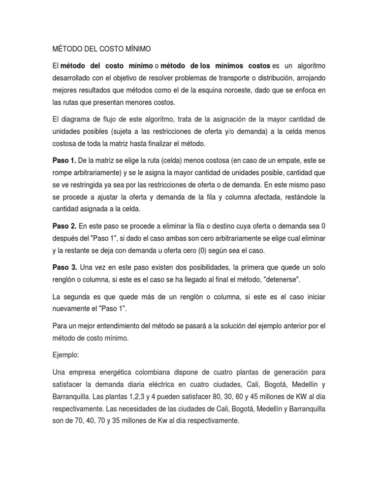 Método de Costo Mínimo en Transporte | PDF | Algoritmos | Bogotá