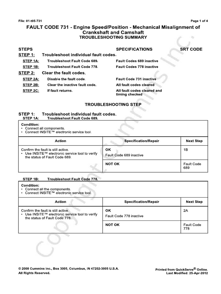FAULT CODE 731 Engine SpeedPosition Mechanical Misalignment of Crankshaft and Camshaft PDF