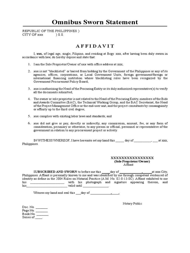 Omnibus Sworn Statement Template | PDF | Affidavit | Social Institutions