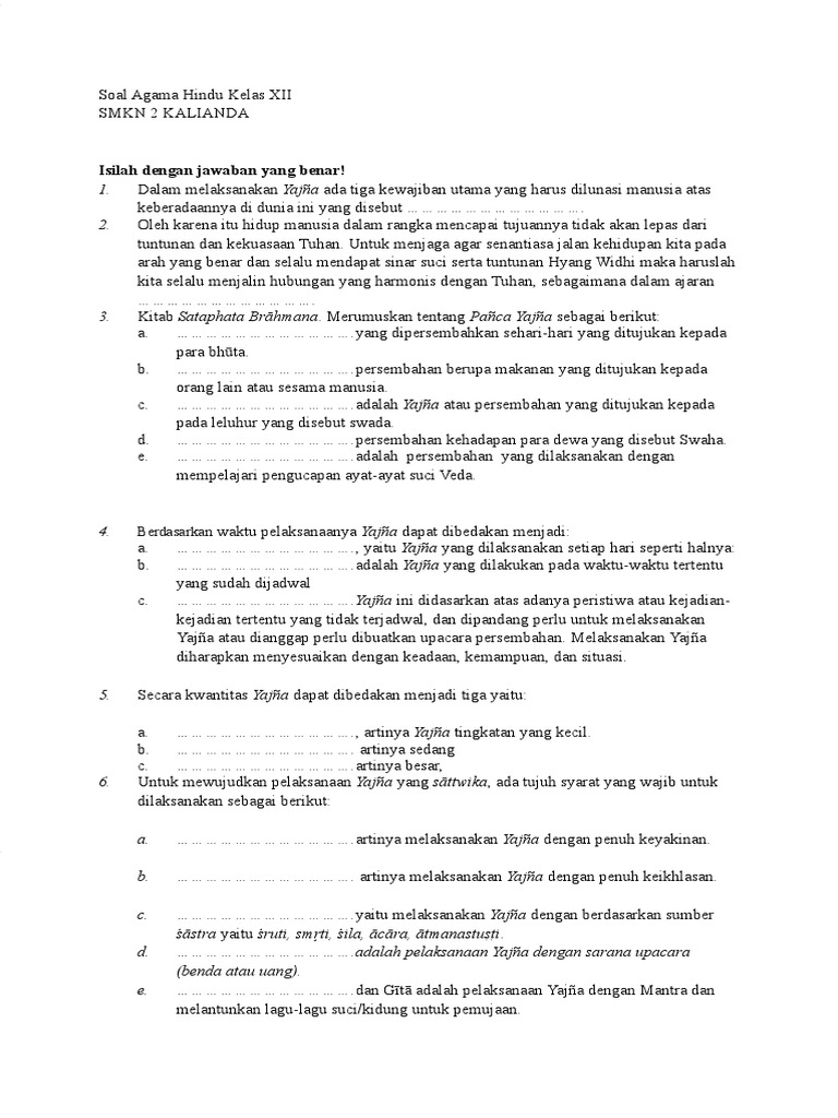 Soal Agama Hindu Xii