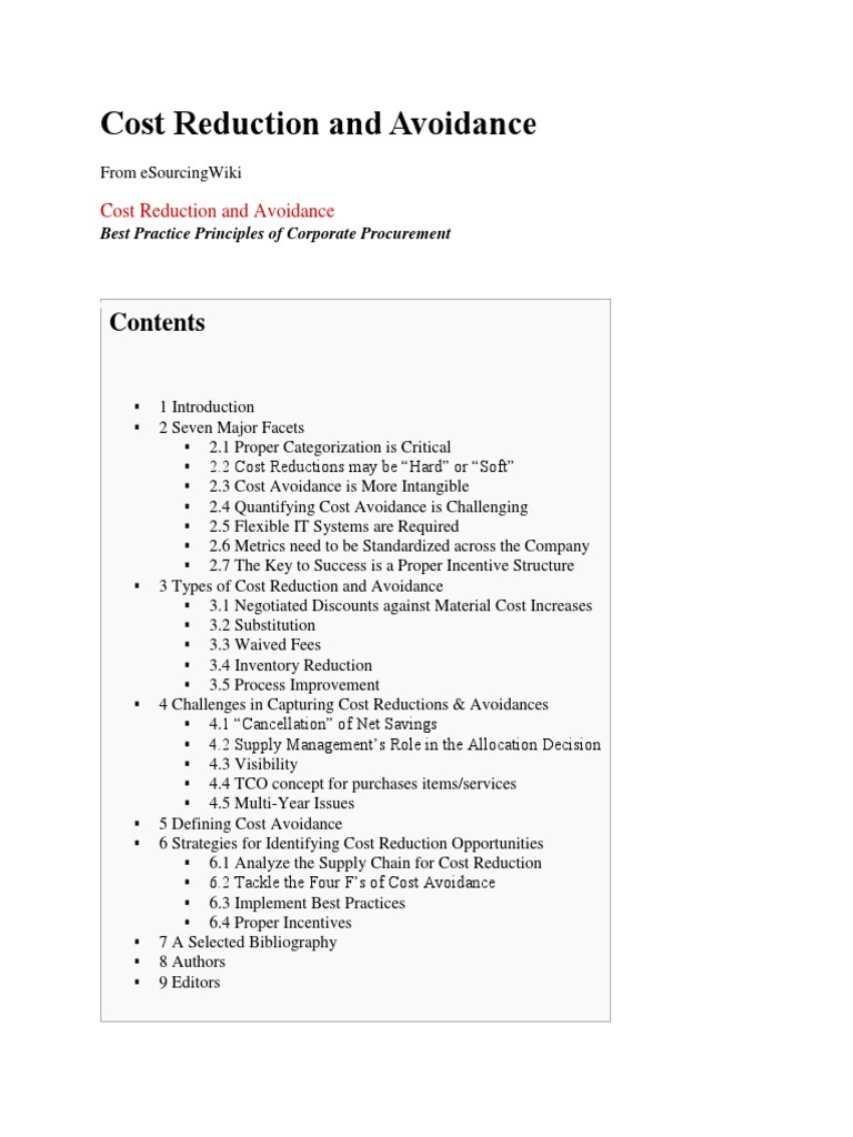 Cost Reduction Vs Cost Avoidance PDF Supply Chain Procurement