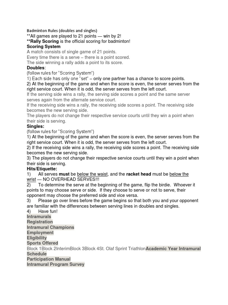 Rally Scoring Is The Official Scoring For Badminton Scoring System Pdf