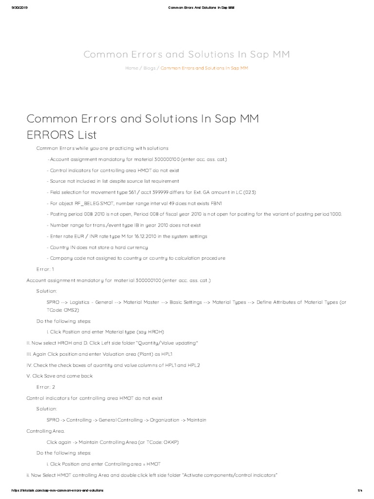 Common Errors and Solutions in Sap MM PDF Computing Business